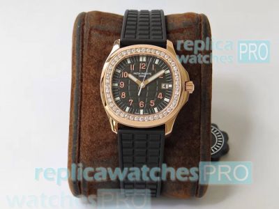 Copy Patek Philippe Ladies Aquanaut 5067A Diamond Rose Gold Bezel Black Rubber Strap